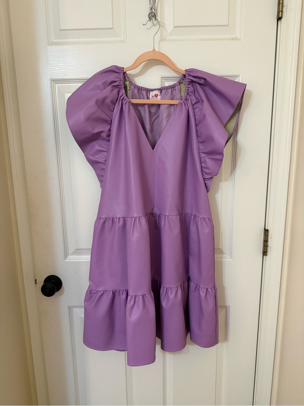 Buddy Love Lavender Pleather Tiered V-Neck Dress with Flutter Sleeves- Worn Once